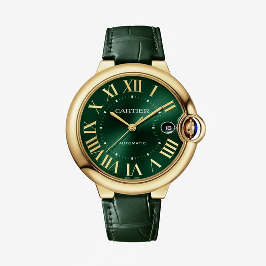 Ballon Bleu De Cartier Watch | 40mm, 18K Yellow Gold, Alligator Leather, Green Dial