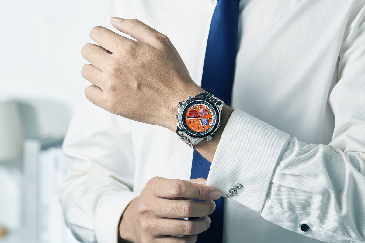 World Timer Mechanical Quartz Hybrid- Steel Matt Orange