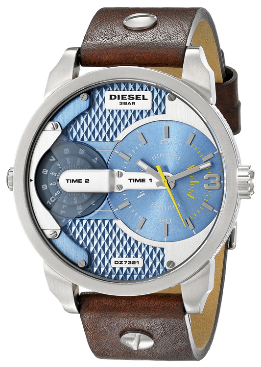 Diesel DZ7321 Mini Daddy Chronograph Men's Watch – Light Blue Dial & Brown Leather Strap